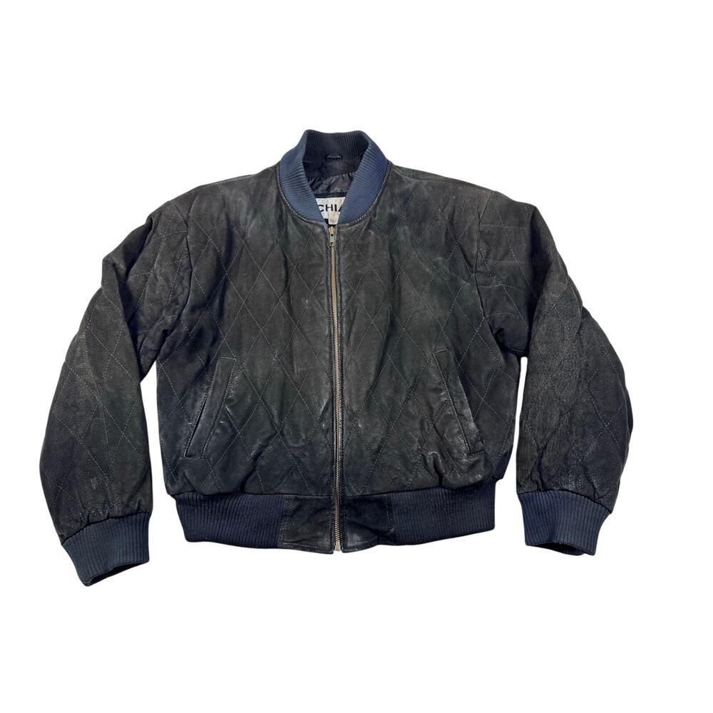 Vintage CHIA Leather Bomber Jacket Women’s M Black Quilted Made Korea 80s 90s